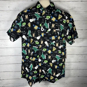 NWOT Rugby University Men’s Medium Dinosaurs Pizza Christmas Holiday Button Down - Picture 1 of 9