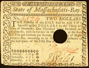 Massachusetts Colonial Currency May 5, 1780 $2 - CHOICE & BRIGHT - Picture 1 of 2