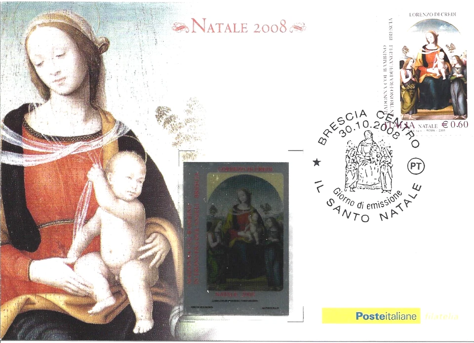 ITALIA 2008 CARTOLINA - IL SANTO NATALE - LAMINA D'ARGENTO annullo BRESCIA - Immagine 1 di 1