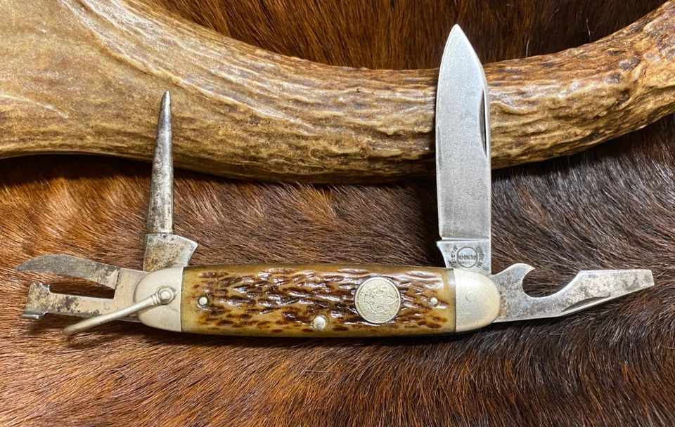 Cuchillo utilitario Scout vintage Remington, hecho en EE. UU., mango de hueso jigged, 3 3/4" Foto 1 de 4