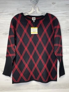 Anne Klein Sweater Womens Medium Black Red Argyle Pullover Crewneck Knit New - Picture 1 of 13