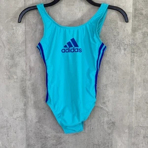 ADIDAS Girl's Light Blue Logo Front 3 Stripe One-Piece Pull-On Bathing Suit SZ L - Picture 1 of 9