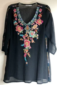 Paris Hues Sz Medium Black Embroidered Front Long Sleeve Semi Sheer Tunic Blouse - Picture 1 of 11