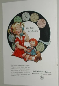 1958 BELL TELEPHONE advertisement, Pete Hawley cartoon, young girl with doll - Bild 1 von 3