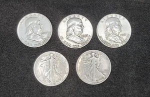 Franklin & Walking Liberty Silver Half Dollar Coins F-VF With Mixed Dates - Picture 1 of 6