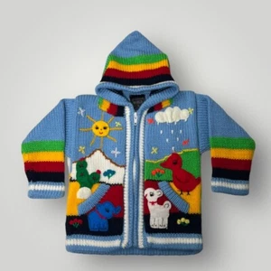 Invisible World 100% Wool Hand Made Hooded 3D Pom Jacket Sweater Baby Size Small - Picture 1 of 6