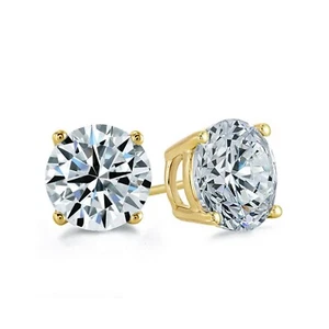 Pendientes solitarios redondos de diamantes simulados de 1,88 quilates de oro amarillo sólido real de 14 quilates de 6 mm - Imagen 1 de 8