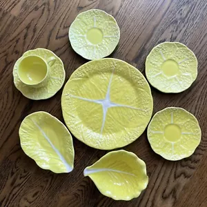 Vintage Secla Yellow Cabbage Leaf Soup Teacup Saucer Bowl Dinner Plate Lot of 8 - Picture 1 of 12