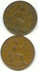 UK 1947 & 1948 Bronze Pennies (95.5% Copper) Pence Great Britain EXACT SET SHOWN - Picture 1 of 6