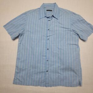 Via Europa Mens Button Up Short Sleeve Blue Plaid Shirt size Large