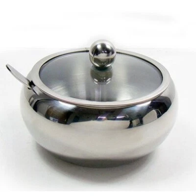 Azúcarero de acero inoxidable con tapa de vidrio y cuchara Foto 1 de 3