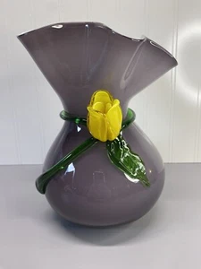 Beautiful Purple Hand Blown Art Glass Vase With Applied Hand Blown Yellow Rose - Picture 1 of 21