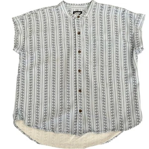 Lands' End Button Front Short Sleeve Blue Print Stripe Top M/P - Picture 1 of 4