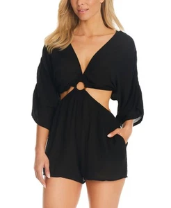 Bar III Women's Core Solid Cut-Out Ring-Detail Tie-Back Romper (Black, Large) - Picture 1 of 2