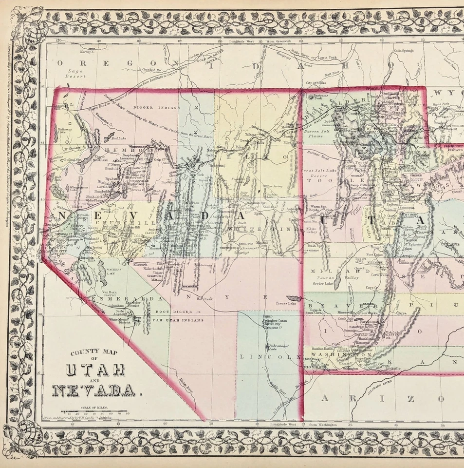 1875 NEVADA - TERRITORIO UTAH Mapa ORIGINAL (14x11,25) Mitchell RAILROADS COUNTY Foto 1 de 3