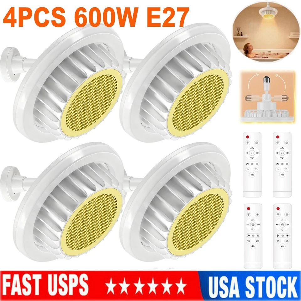 4PCS E27 Bathroom LED Light Heater 600W Ceiling Heating Fan Lamp Remote Control - Image 1 of 4