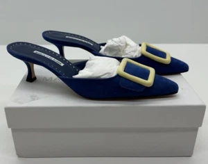 Manolo Blahnik Maysale bi Buckle Blue Suede 50MM Pointy Toe Mule US 10 EU 41 - Picture 1 of 7