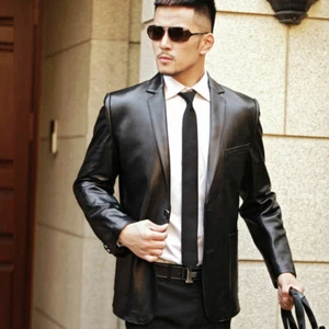 Abrigo de cuero negro para hombre 100 % genuino suave piel de cordero abrigo blazer - Imagen 1 de 6
