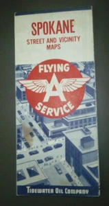 1957 Spokane Washington street road map Tidewater Flying A oil gas - Picture 1 of 4