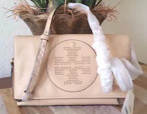 TORY BURCH LOGO TRAFORATO PIEGHEVOLE TRACOLLA SAND DUNE PELLE NUOVO CON ETICHETTE + SPOLVERINO - Foto 1 di 11