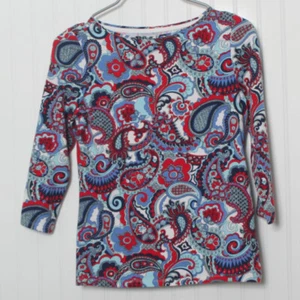 Talbots Red White Blus Paisley Floral 3/4 Sleeve Boat Neck Cotton Top SP - Bild 1 von 10
