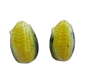 Corn on Cob Ceramic Salt and Pepper Shakers Yellow Green Stoppers 3.5in Vintage - Picture 1 of 6