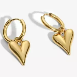 Gold Tone Heart Huggie Hoop Earrings Tarnish Free Stainless Steel - Picture 1 of 11
