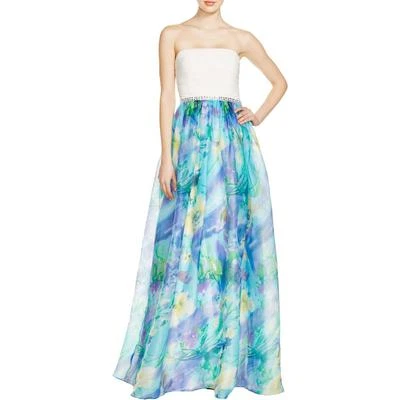 JS COLLECTION ~ Aqua Watercolor Floral Skirt Strapless Formal Gown 6 NEW $332 - Image 1 of 4