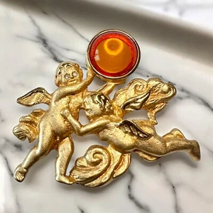 Louis Stern Cherub Brosche Gelbgold vergoldet 22KT Braunglas signiert Vintage - Bild 1 von 8