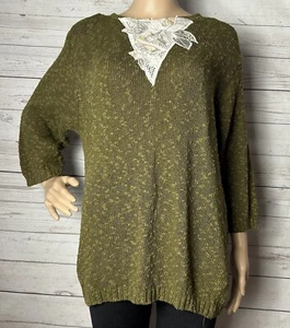 True Vintage 80s Sweater Size 18/20 Olive Green Satin Embroidered Silk Blend - Picture 1 of 15