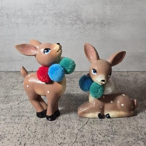 Retro Reindeer Christmas Ornament Tiered Tray Decor Set Of 2 Pom Poms Vtg Kitsch - Picture 1 of 9