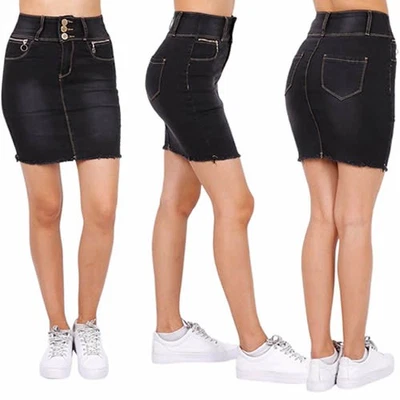 Damen Jeans Minirock Mini Rock Jeansrock Sommerrock Hüftrock Stretch Schwarz - Bild 1 von 4