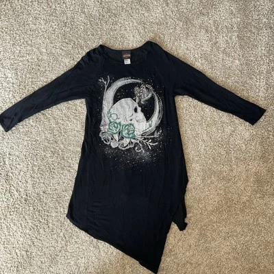 Harley Davidson black skull sequin logo dress tunic sz XS biker handkerchief hem - Image 1 of 4