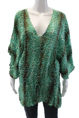 ViX Womens Short Sleeve Animal Print Striped Kaftan Blouse Green Size M - Image 1 of 4