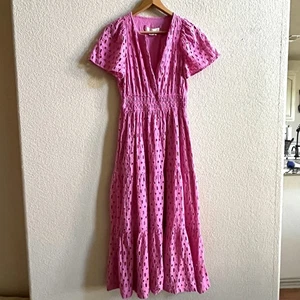 Anthropologie Vestito Donna Piccolo Somerset Midi Maxi Occhiello Rosa Manica Svolazzante - Foto 1 di 11