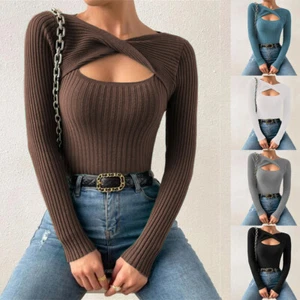 Sexy Women Hollow Slim Fit Knit Blouse Winter Long Sleeve Sweater Pullover Tops - Picture 1 of 22