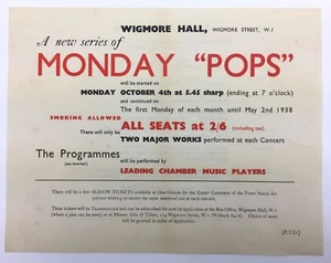 Monday "POPS" - 1937 Wigmore Hall Concert Flyer (LONDON) (FLYER) - Picture 1 of 2
