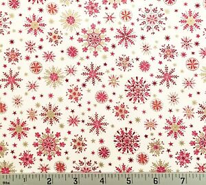 Scandi Christmas Ivory Red Metallic Gold Snowflake Holiday Cotton Fabric Andover