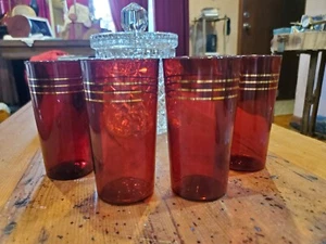 Vintage Set Of 4 Ruby Red Glass Tumblers with Gold Trim Glasses  - Picture 1 of 7