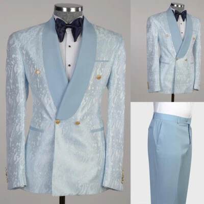 Men's Blue Floral Print Jacket+ Blue Pants Slim Fit for Wedding Business Party - Image 1 of 4