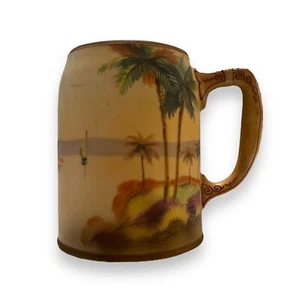 Antique Noritake Hand Painted Mug Nippon Palm Trees Water Tan Green - Picture 1 of 8
