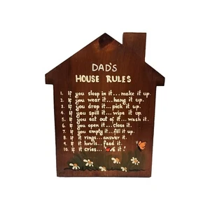 Vintage Home Decor Wood Sign Hanging Wall Plaque Dad's House Rules 14" X 11" In - Picture 1 of 4