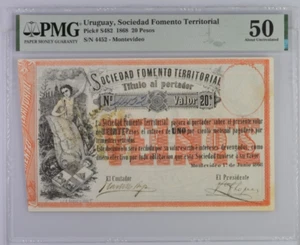 1868 Uruguay 20 Pesos PS482 BANKNOTE PMG 50 - Picture 1 of 2