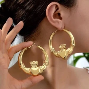 9k Gold GF Large Claddagh Hoop Earring Women’s Gypsy Fashion New UK Filled Gold - Imagen 1 de 9