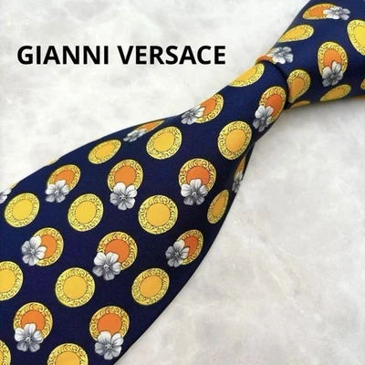 GIANNI VERSACE Hombres 100% Seda Corbata Motivo Floral Medusa Azul Marino/Dorado - Imagen 1 de 4