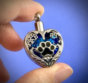 Feuerbestattung Schmuck Anhänger Haustier Urne Asche Hund Katze Pfotenabdruck Kobaltblau Herz Geschenk - Bild 1 von 14