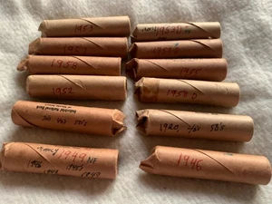 12 rolls Circulated Wheat Pennies - mostly 1940s, 1950s  and some earlier dates - Picture 1 of 11