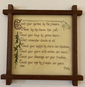 Vintage 1982 Arts & Craft Style Framed Counted Cross Stitch “Count Your Garden” - Picture 1 of 6