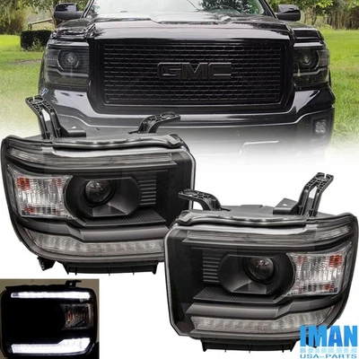 黑色外壳 白色 Concer 卤素 带 LED DRL 车头灯 适用于 GMC Sierra 2014-18 — 第 1/4 张图片