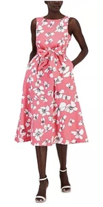 NEW Anne Klein Sz XL Sleeveless Camellia Pink White Floral Midi Dress Self Sash - Picture 1 of 6